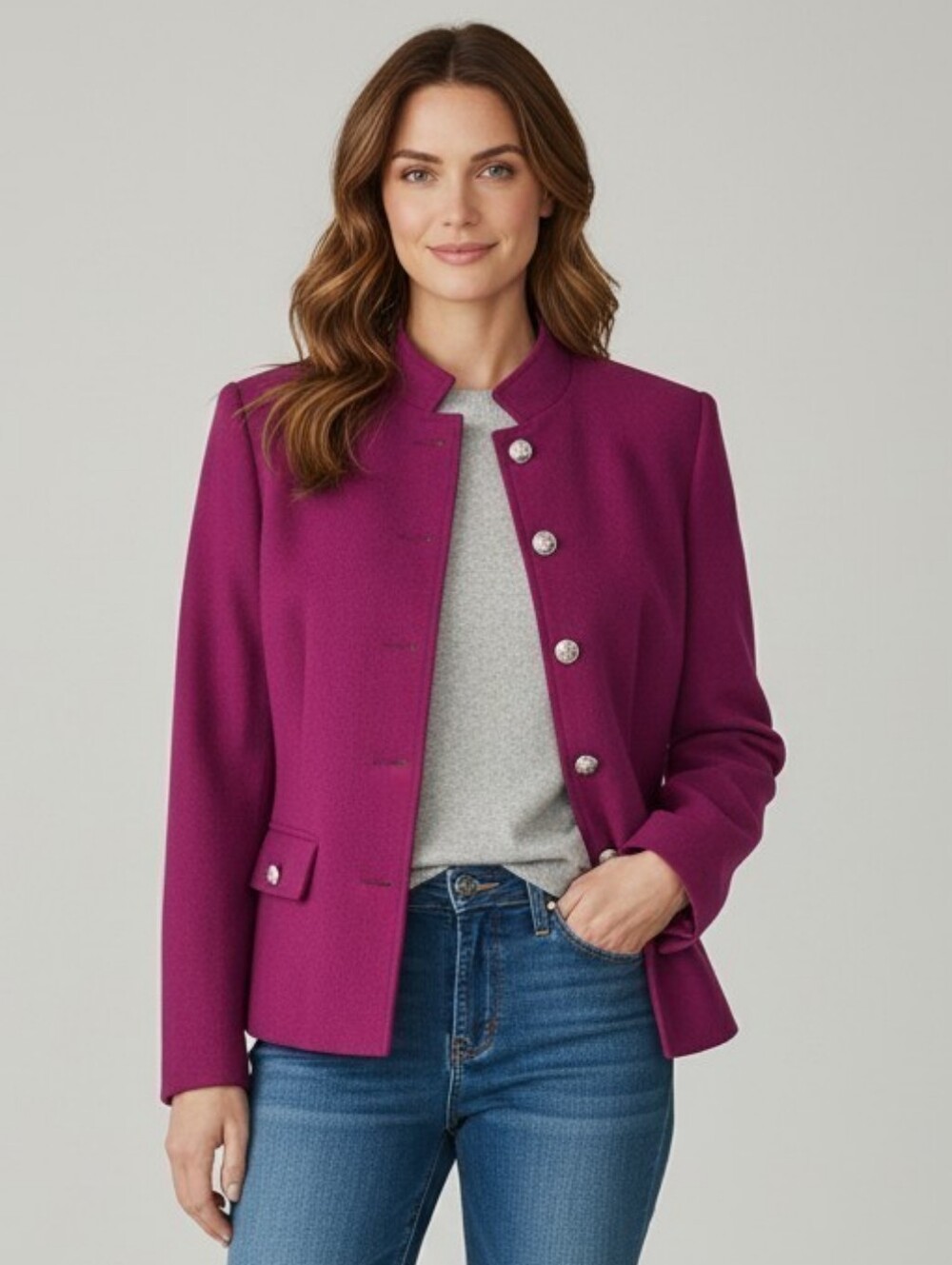 Wool Blend Blazer Jacket Dark Magenta Fuchsia Pink Silver Crest Buttons